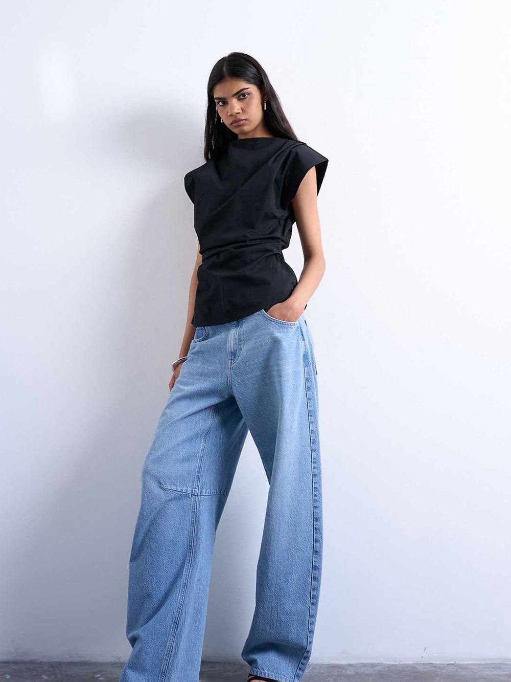 Topshop Black Structured Cap-Sleeve Blouse